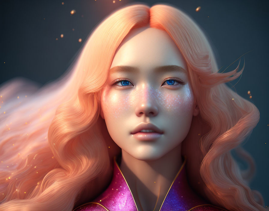 Digital close-up portrait: Peach hair, blue eyes, freckles & violet outfit on muted background