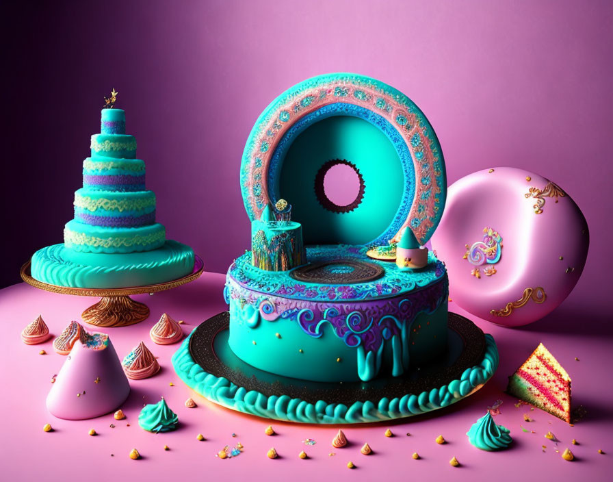 Vibrant ornate cakes with whimsical touch on purple backdrop