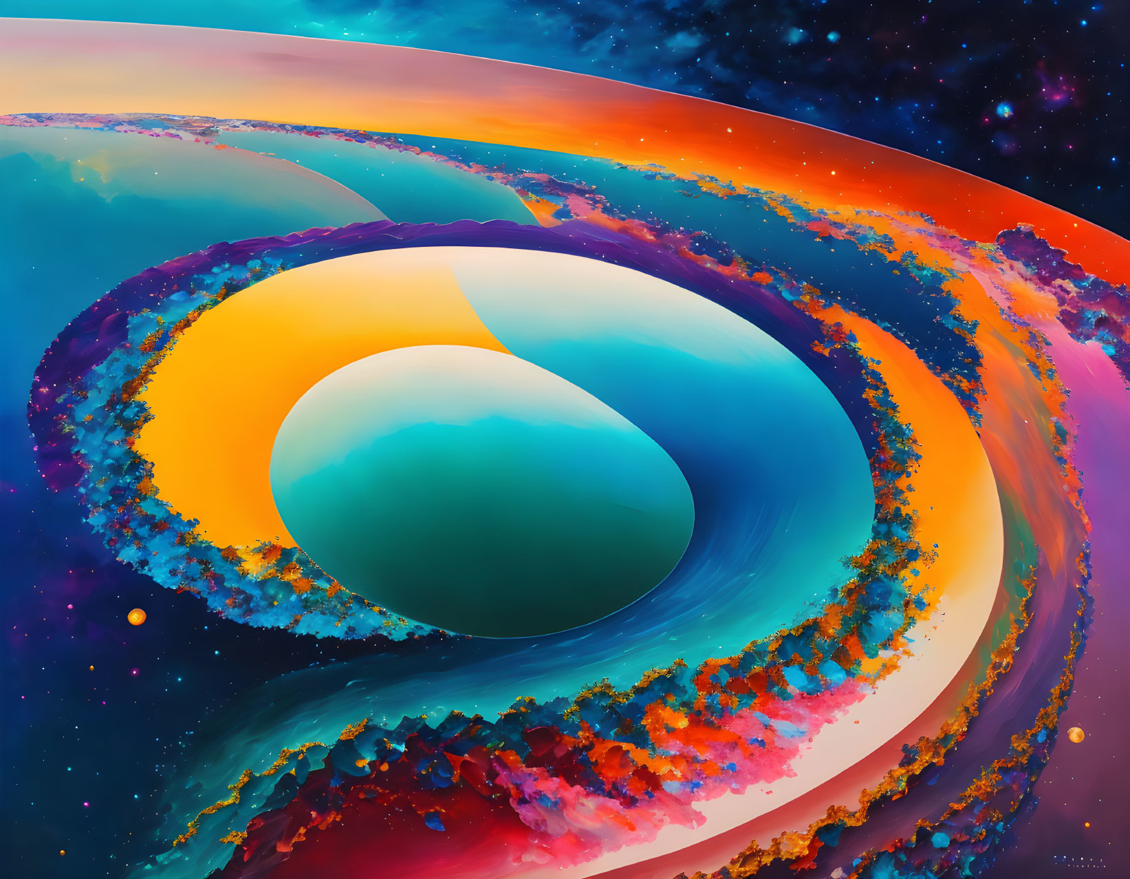 Abstract cosmic spiral in vivid orange, blue, and teal hues