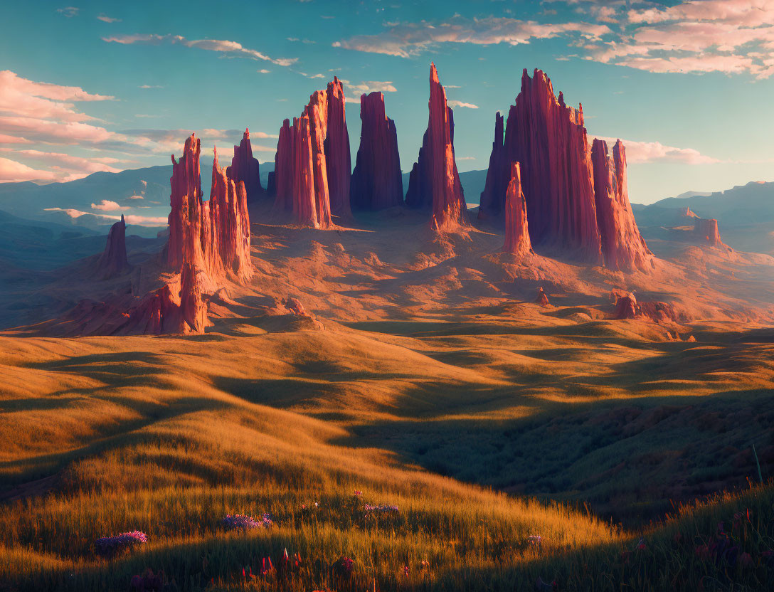 Majestic red rock formations in golden landscape under blue sky