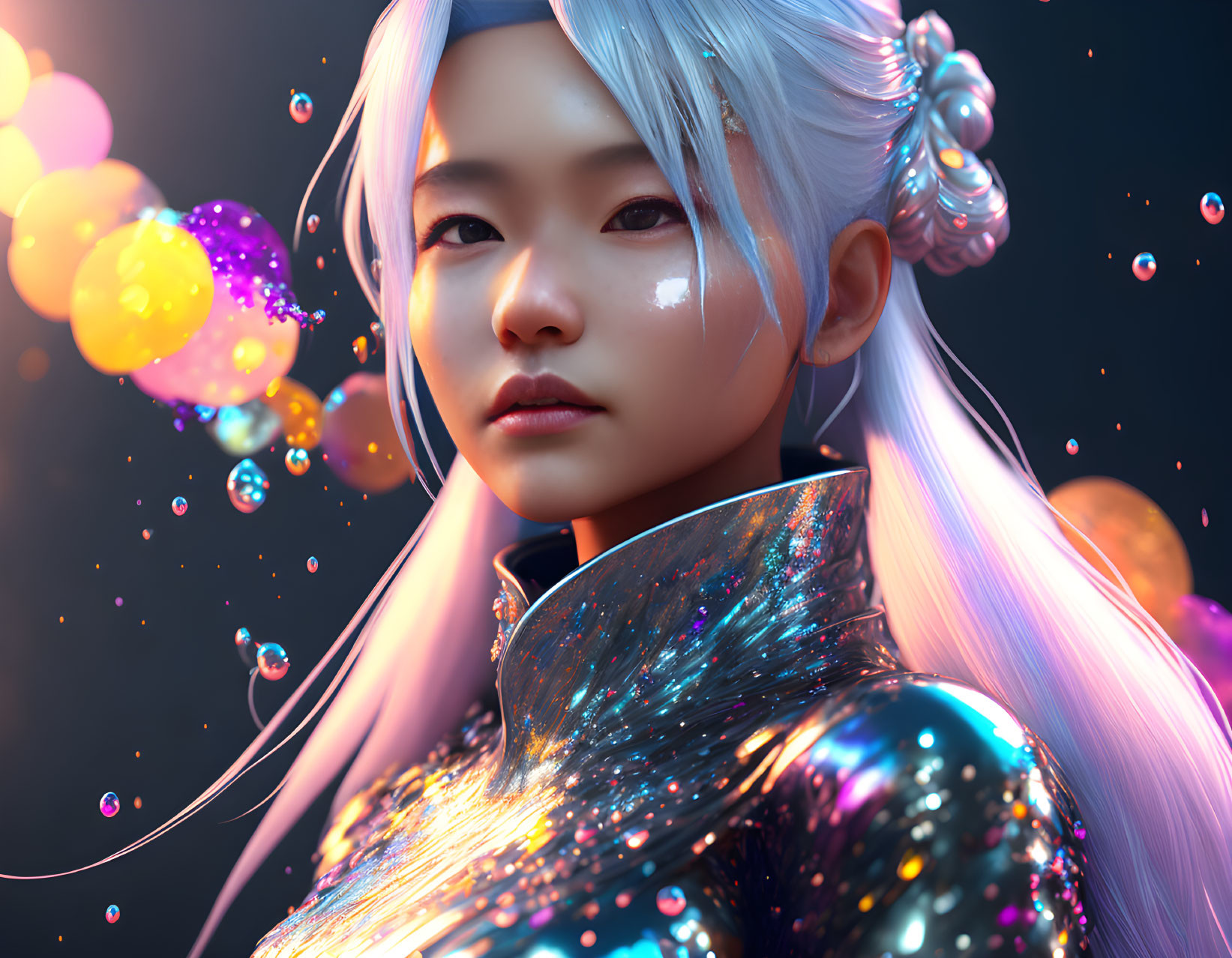 Digital Artwork: Female Character with White Hair and Vibrant Attire in Iridescent Bubble Environment