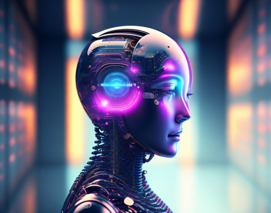 Futuristic humanoid robot with open head and glowing blue eye on digital background