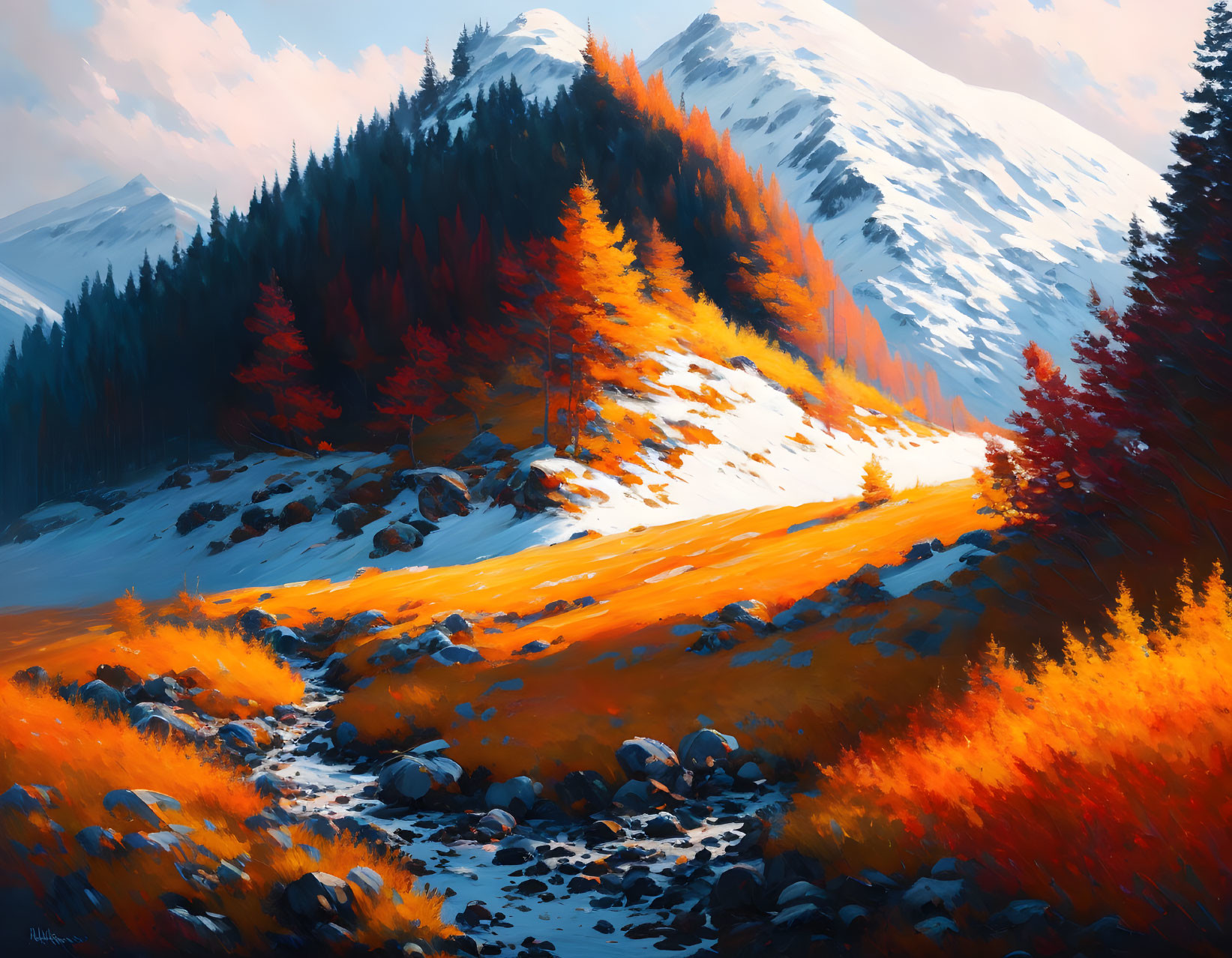 Scenic autumn landscape with orange trees, stream, and snowy mountains