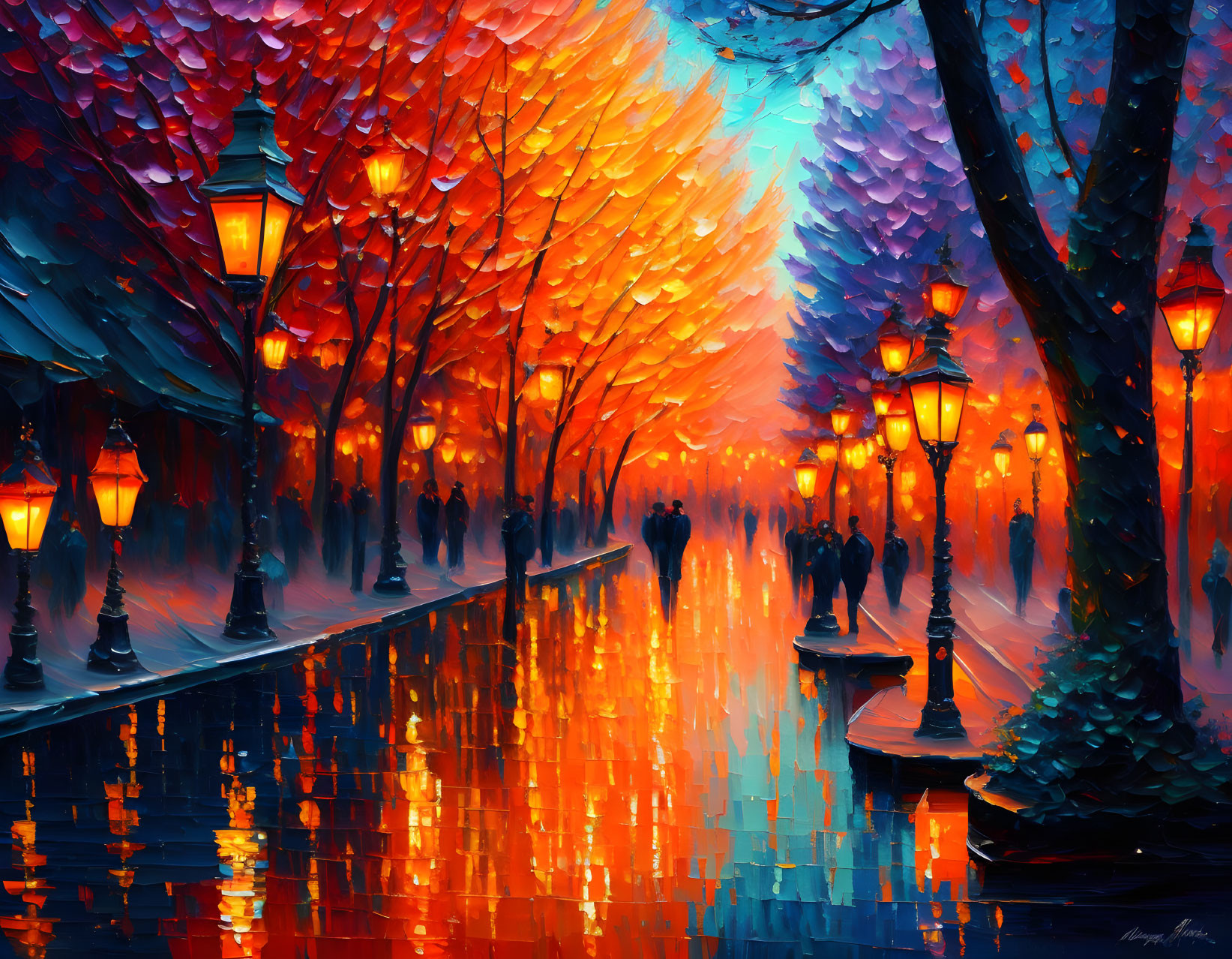 Colorful street scene at dusk with illuminated lamps, trees, and people.