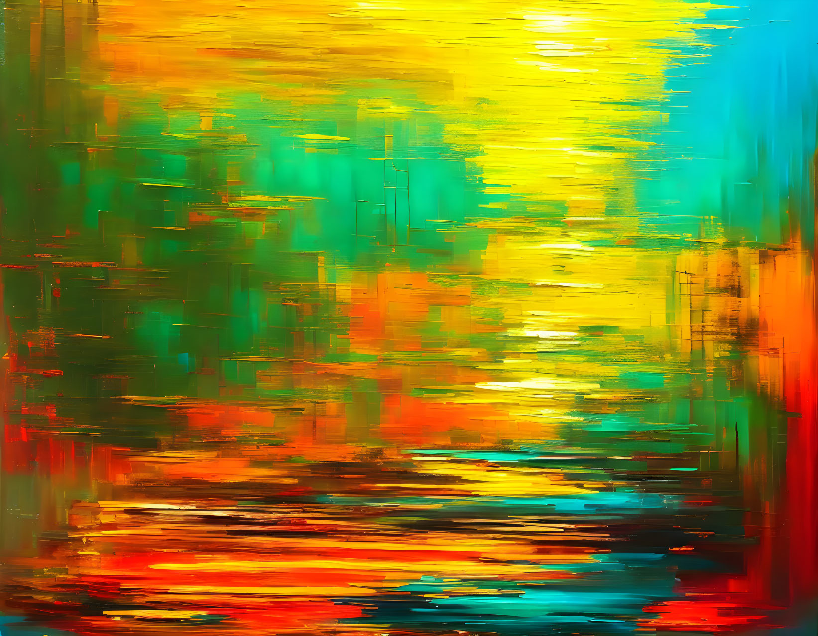 Vibrant Red, Yellow, and Blue Abstract Painting with Water Reflections