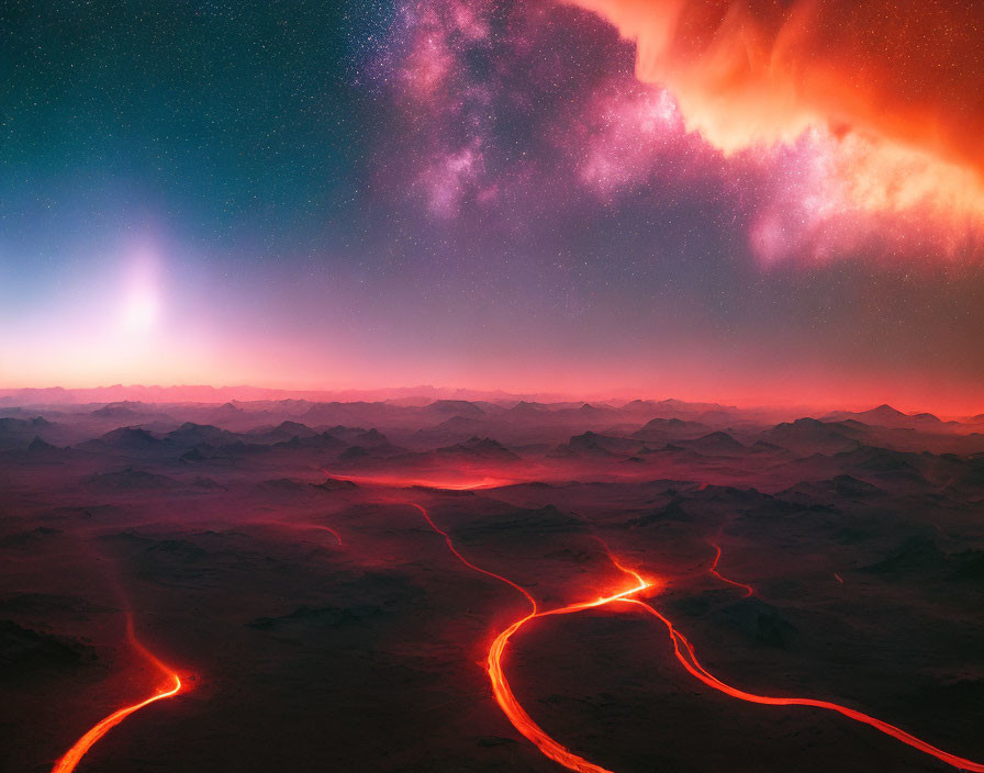 Vivid landscape with red lava streams and colorful sky