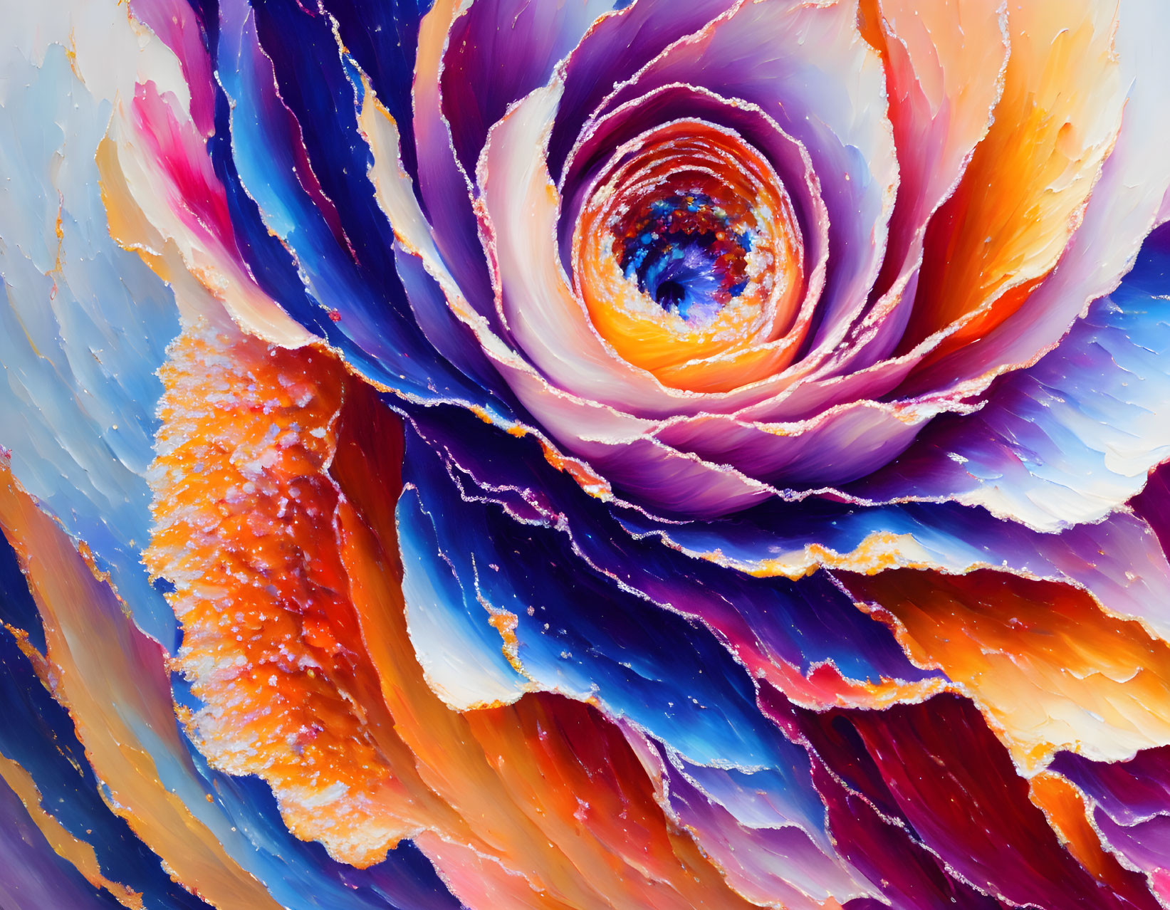 Colorful Close-Up of Textured Rose in Orange, Blue, and Purple