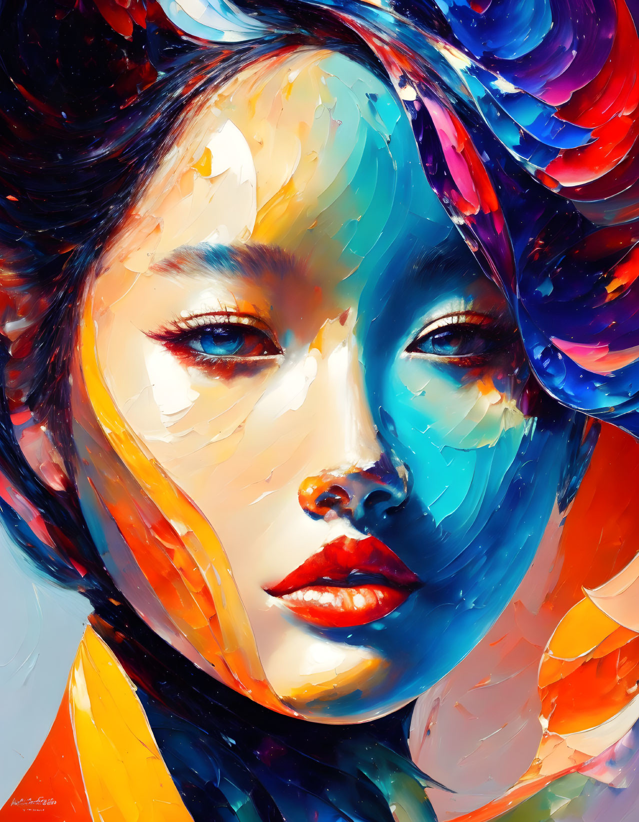 Colorful Woman Portrait with Dynamic Brushstrokes in Blues, Reds, Yellows, and Purple