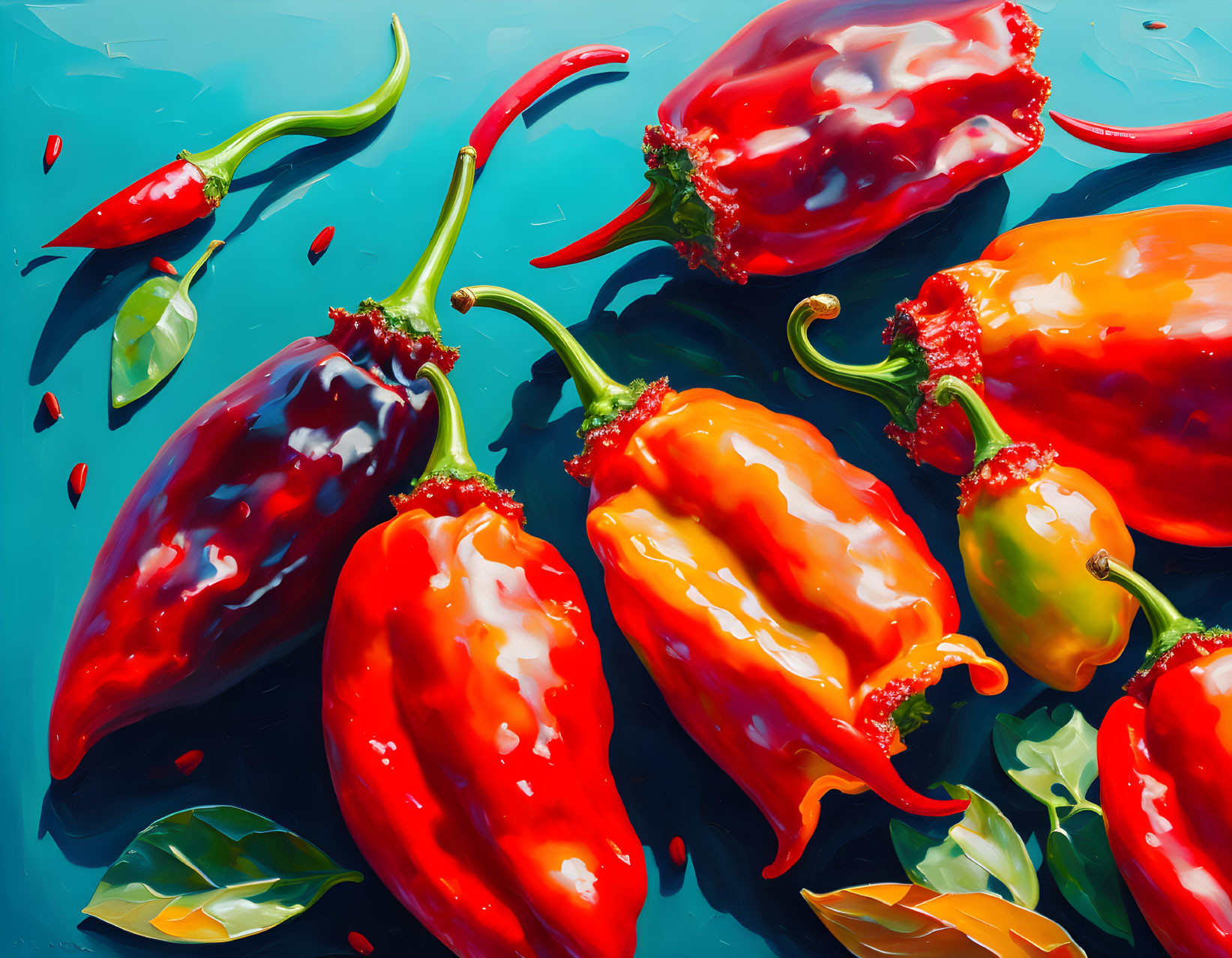 Detailed Hyper-Realistic Red Chili Peppers on Teal Blue Background