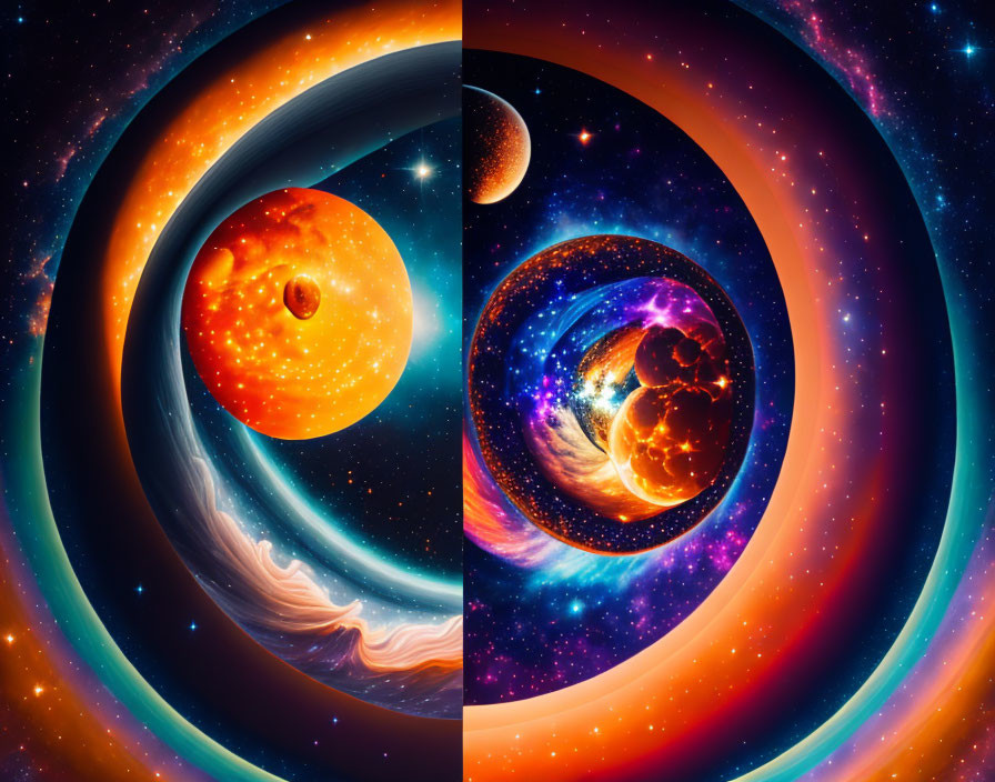 Colorful digital artwork: Intertwined cosmic spirals with stars, planets, and nebul