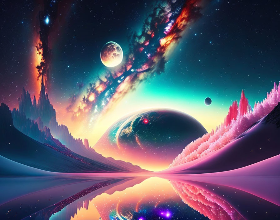 Colorful cosmic landscape with reflective water and neon-hued terrain