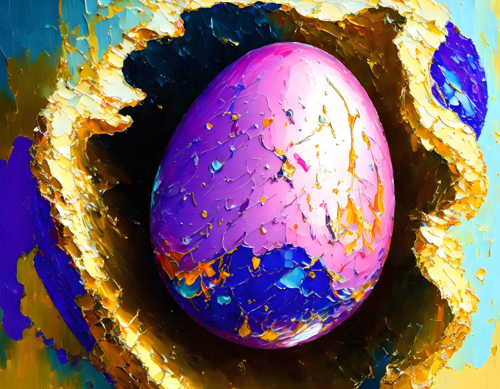 Colorful Textured Painting with Large Multicolored Egg and Abstract Shapes