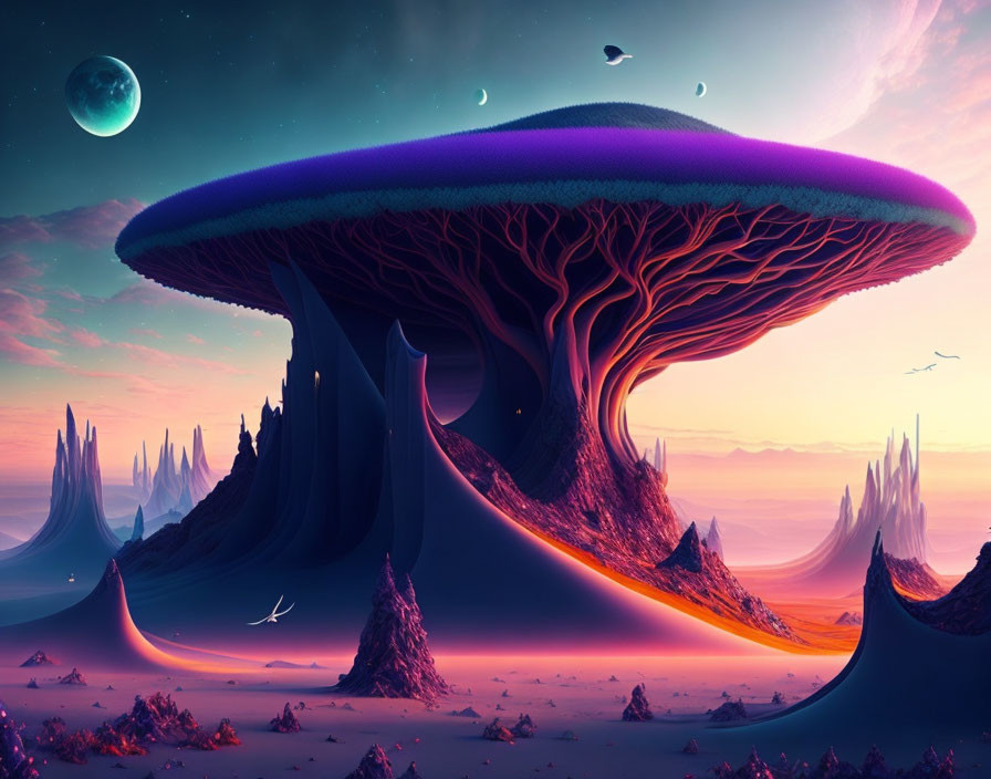 Colorful alien landscape with tall mushroom structures under twilight sky