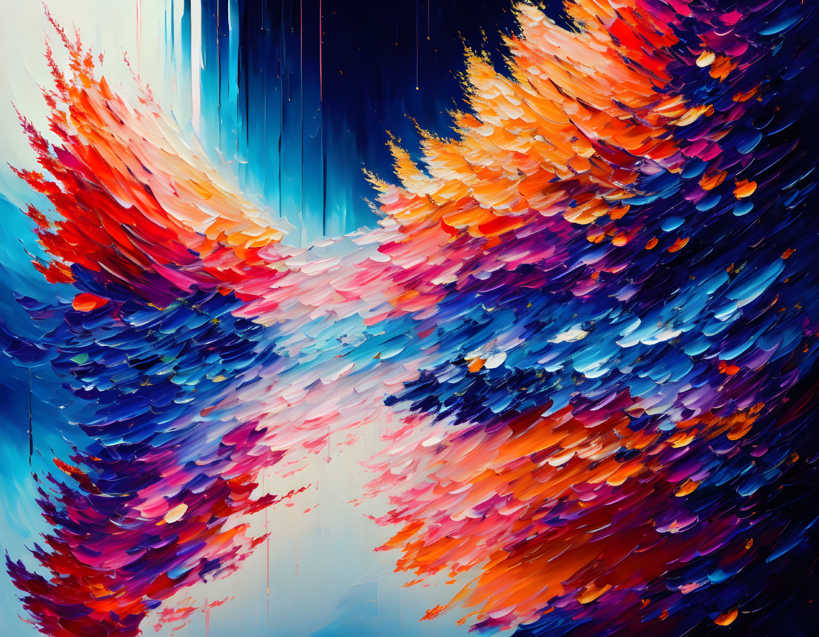 Colorful Abstract Painting with Explosive Brush Strokes in Red, Orange, Blue, and White