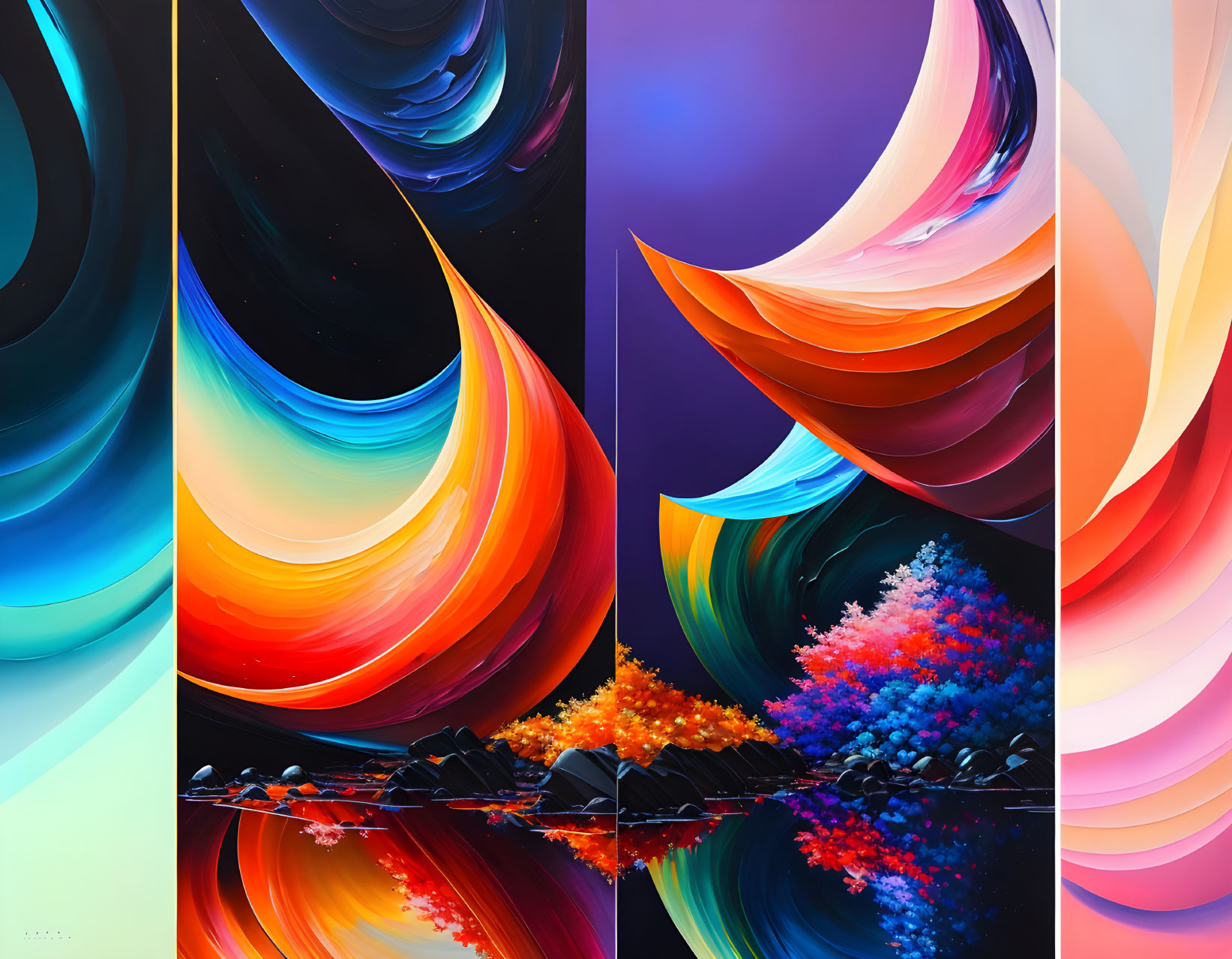 Colorful Abstract Digital Artwork with Swirling Shapes and Reflective Center