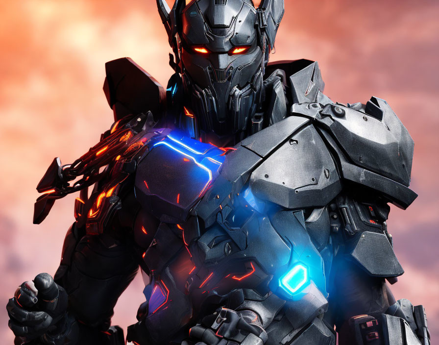 Futuristic armored robot with glowing red eyes in dramatic sunset scene