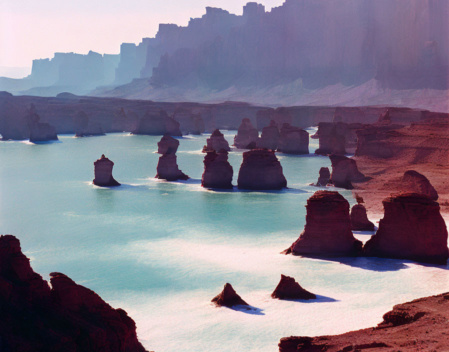 Turquoise Lake with Tower-Like Rock Formations in a Cliff Surrounding