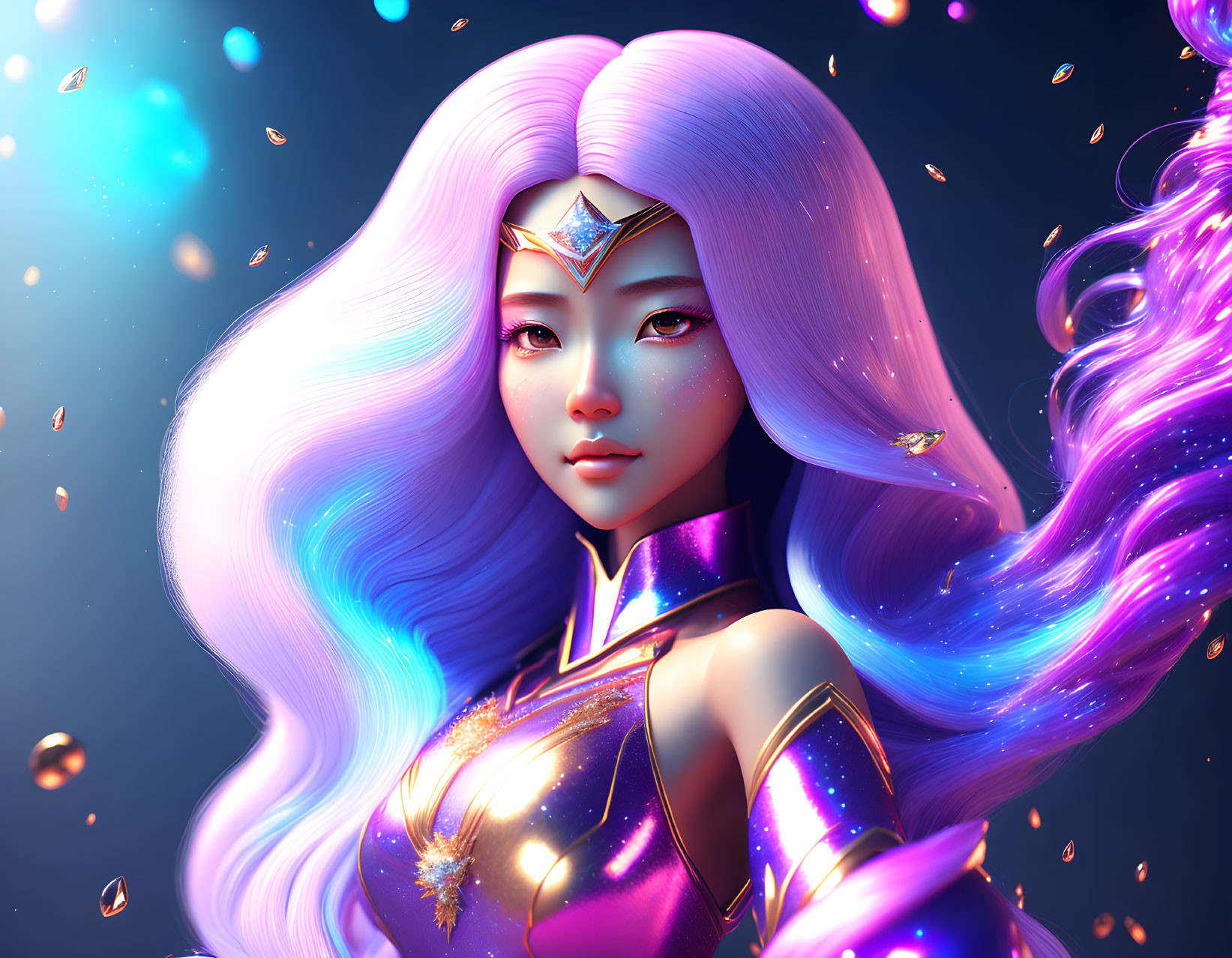 Illustrated character with purple hair in futuristic armor on dark background