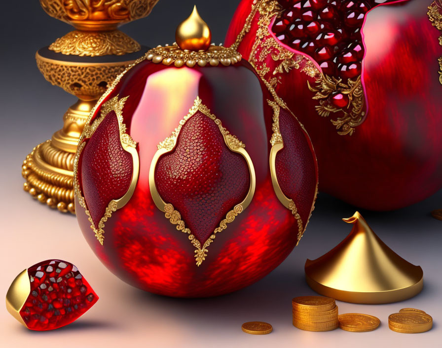 Opulent red and gold egg with ornate items, pomegranates, and coins on reflective