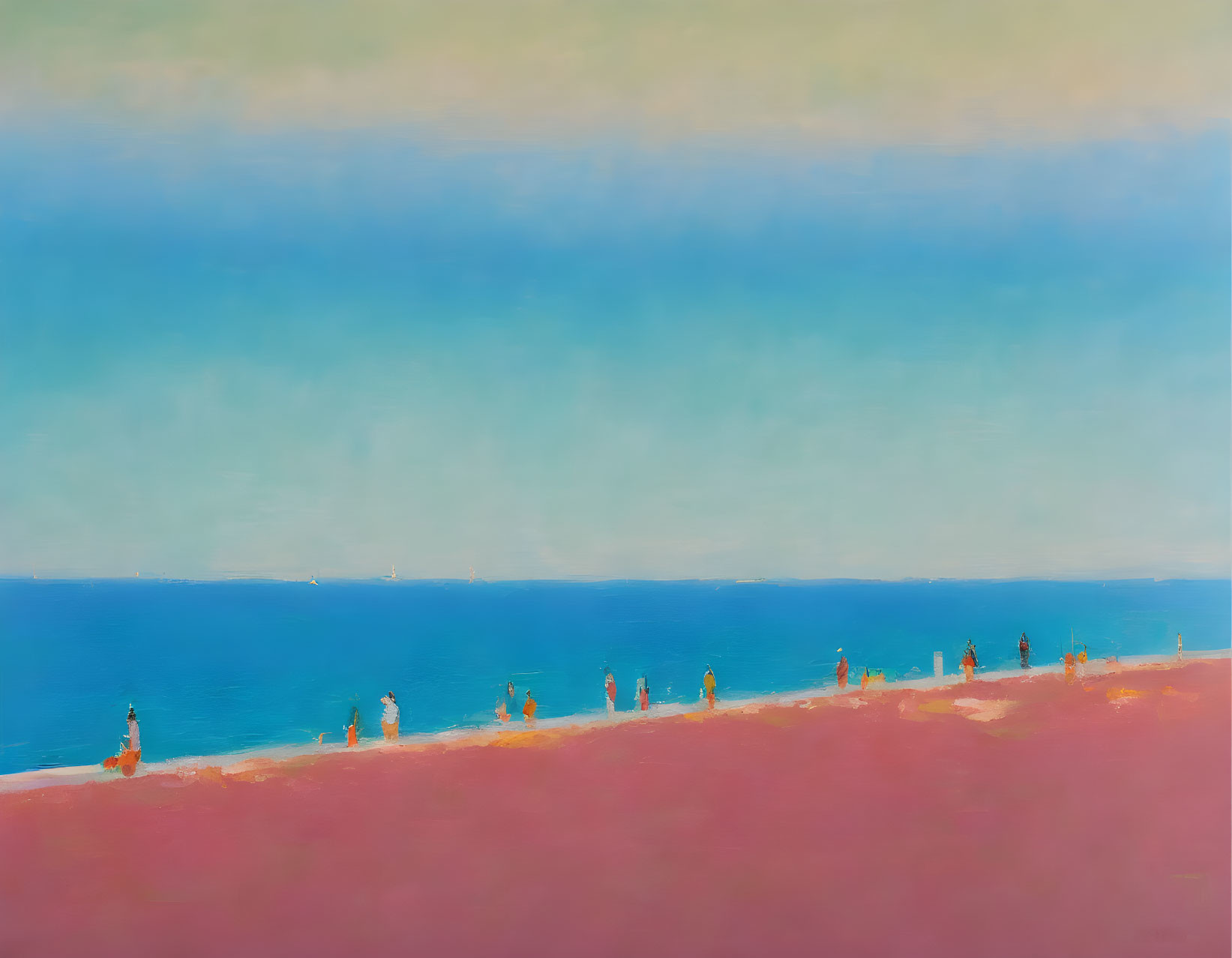 Abstract Beach Scene Painting with Pink Sand and Blue Sea