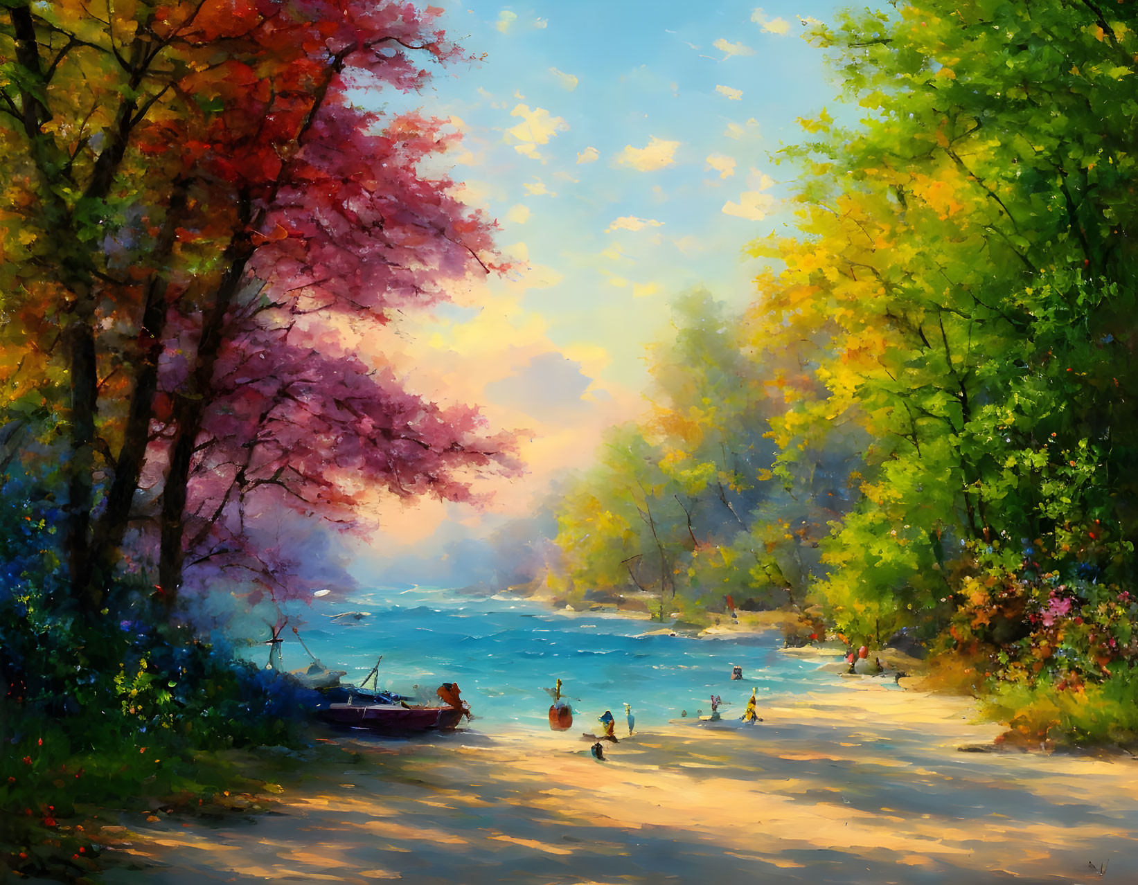 Colorful autumn riverbank scene with people, boat, and sunlight.