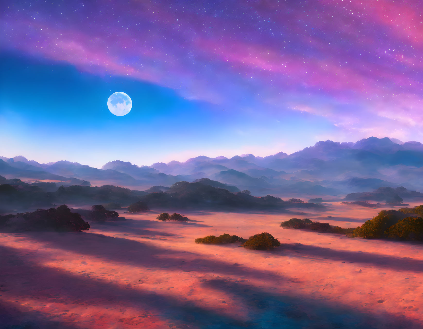 Starry Dusk Landscape with Rolling Hills and Full Moon