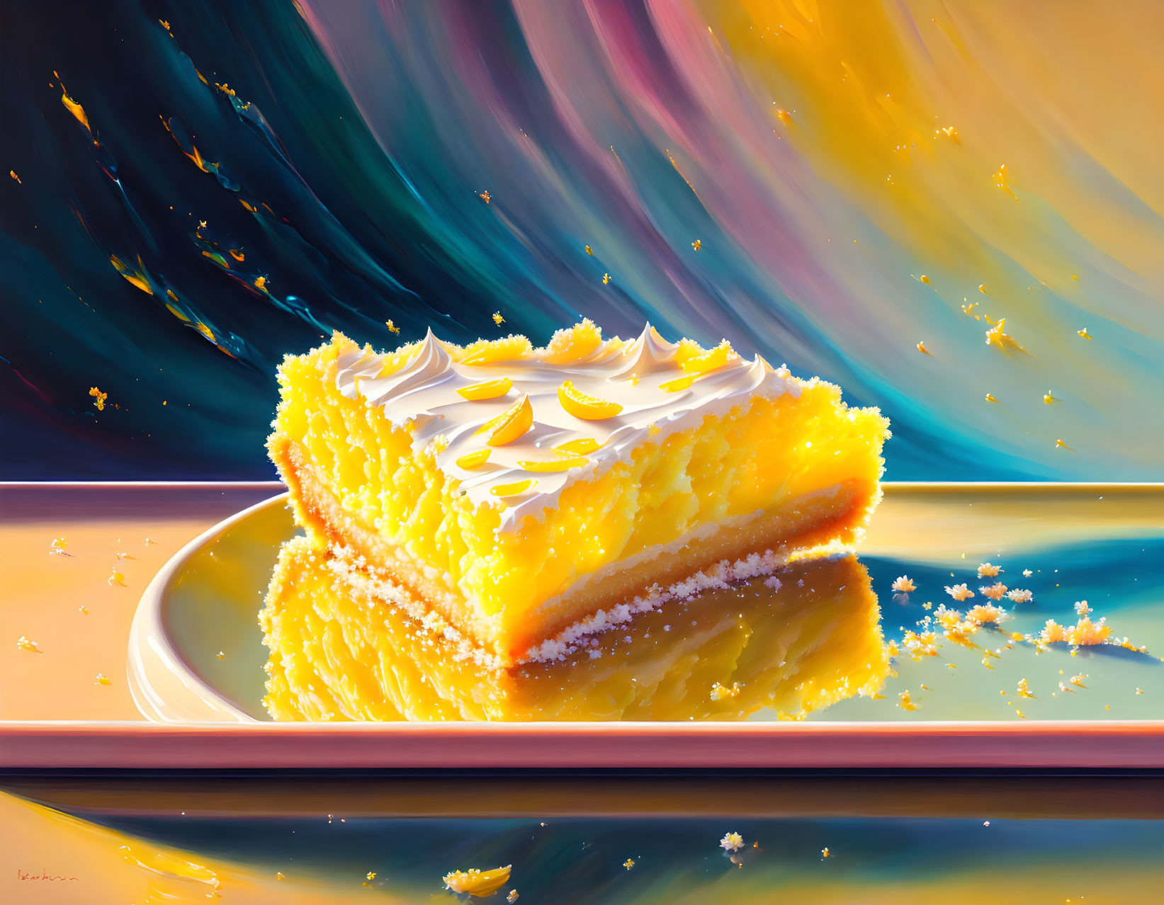 Colorful oil painting of lemon cake slice on plate with whimsical background