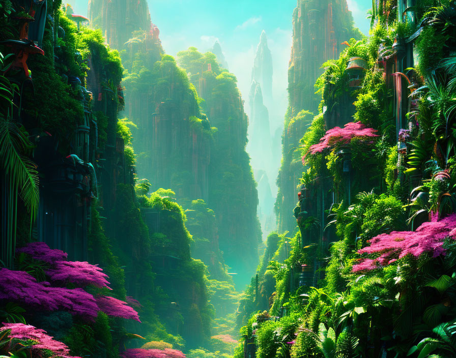 Vibrant fantasy landscape with lush green and pink foliage on towering cliffs