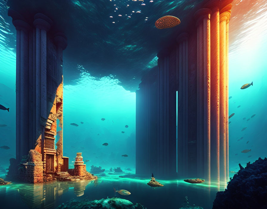 Submerged classical columns in vibrant marine life and serene blue ocean