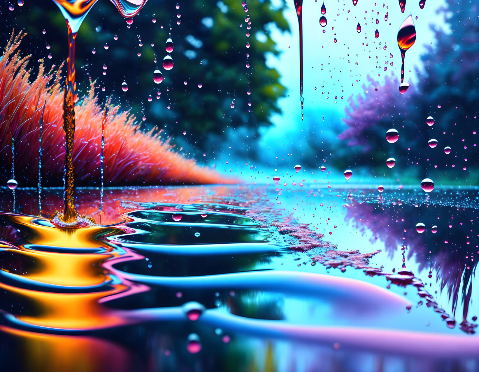 Colorful liquid drops suspended in air above mirrored surface reflecting surreal landscape.