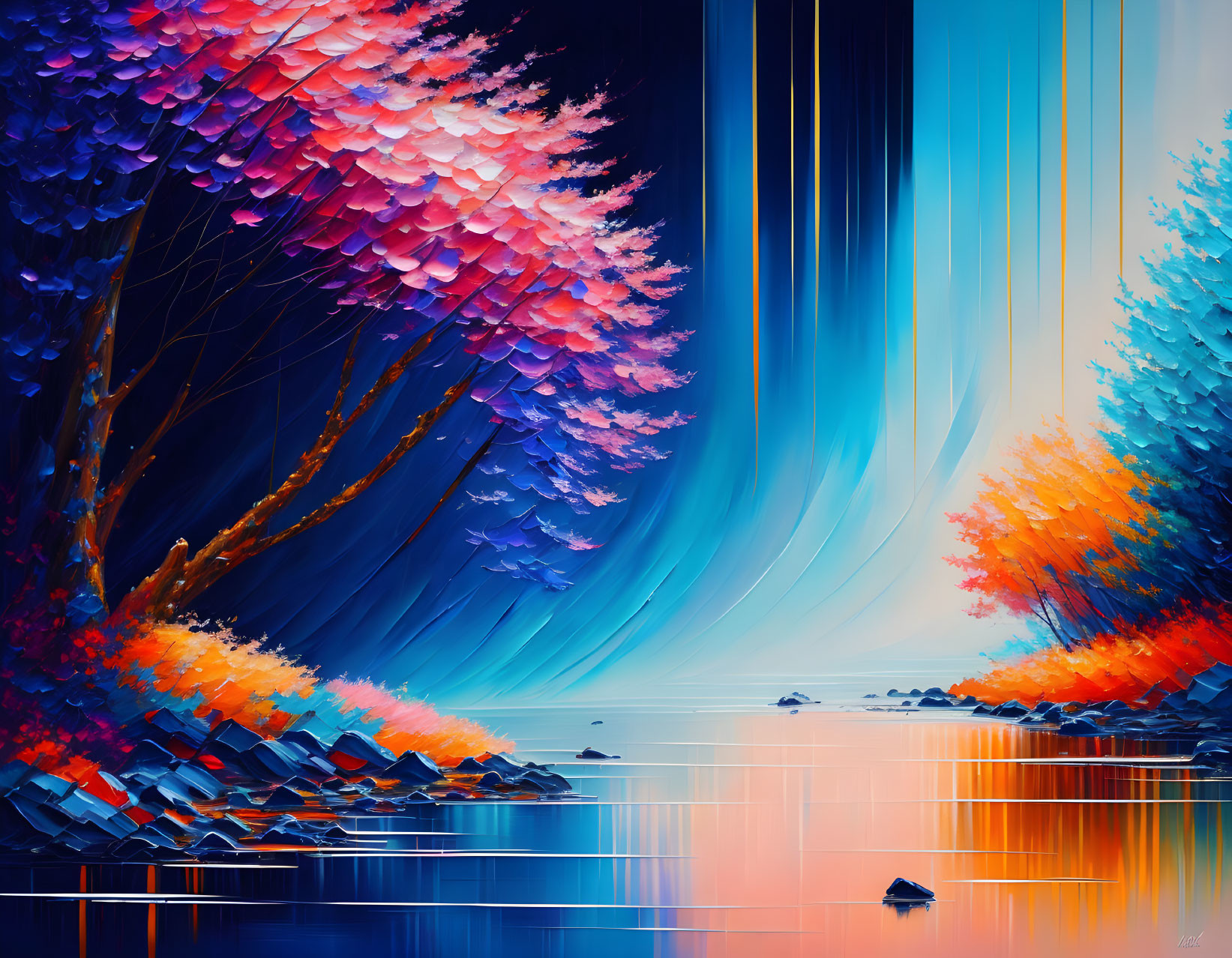 Colorful surreal landscape with stylized trees and smooth water surface