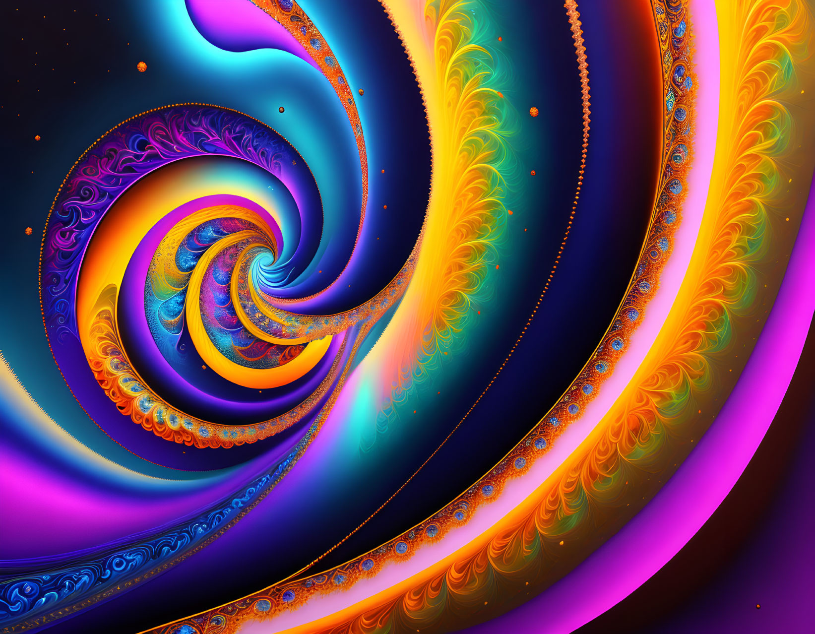 Colorful fractal art with swirling patterns in orange, yellow, blue, and purple