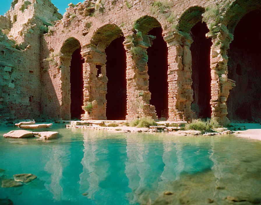 Sunlit brick arches in turquoise water, casting shadows in ancient structure