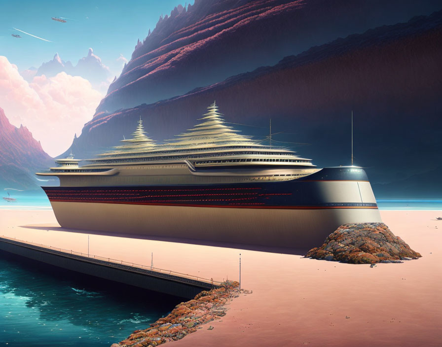 Futuristic multi-tiered cruise ship on desert shore with pink sky