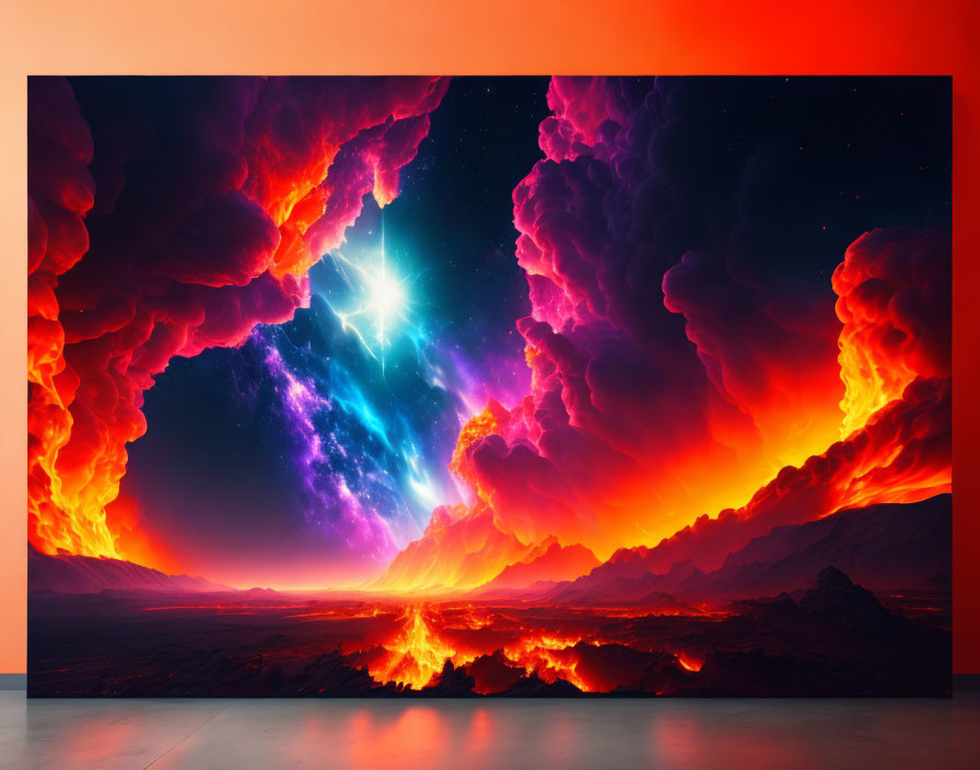 Digital Artwork: Apocalyptic Scene with Fiery Clouds and Volcanic Landscape