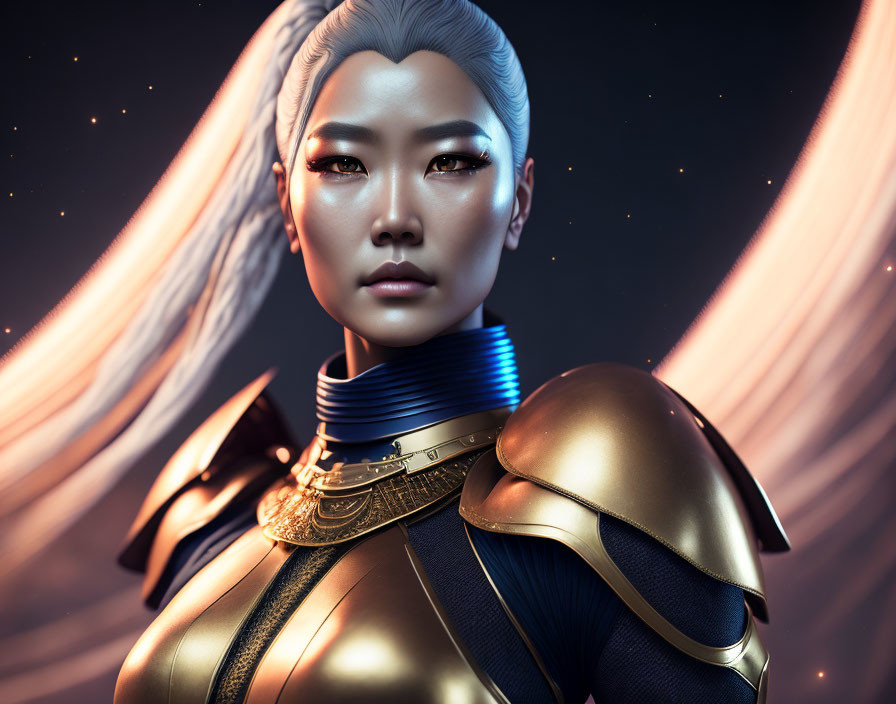 Asian woman with silver hair in futuristic golden armor on dark starry background