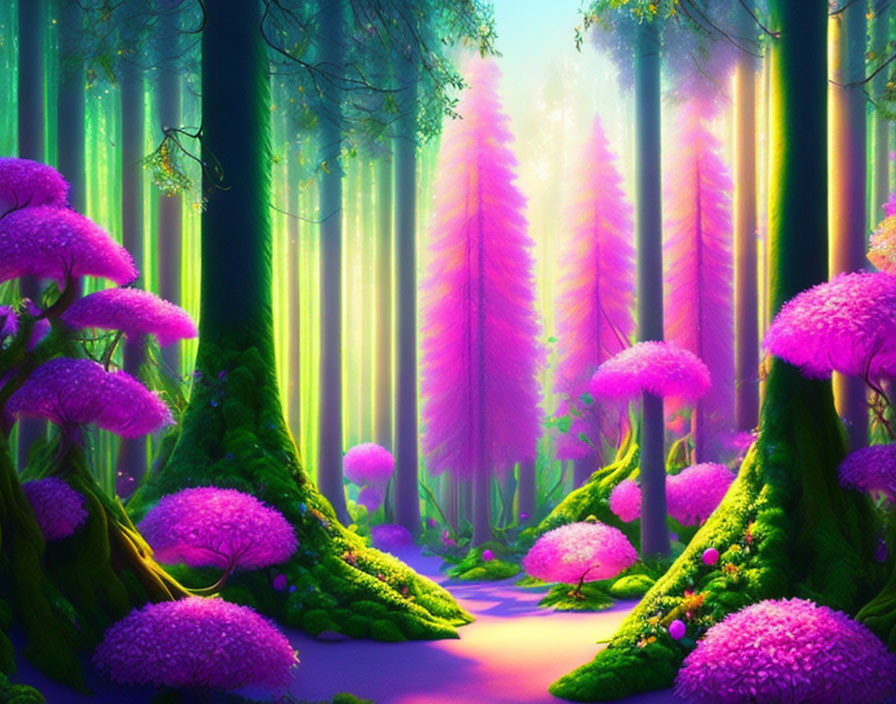 Colorful Digital Art: Vibrant Pink and Purple Forest with Towering Trees and Whimsical Mush