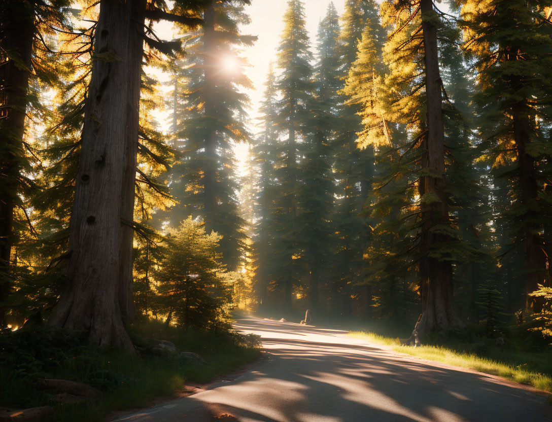 Tranquil forest road with tall pine trees and dappled sunlight