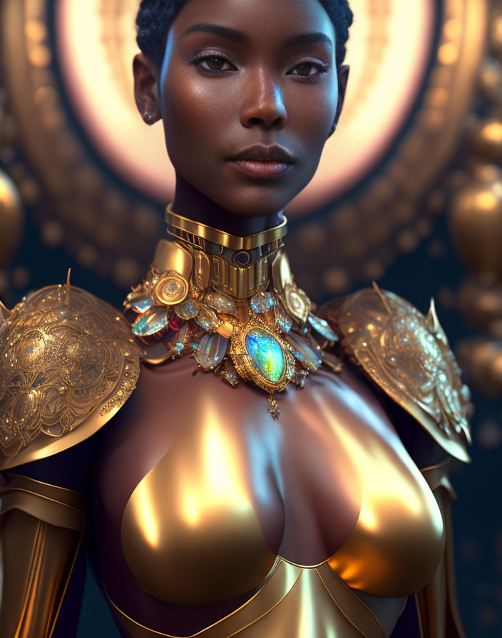 Regal woman in golden armor with bejeweled collar against warm glowing circles