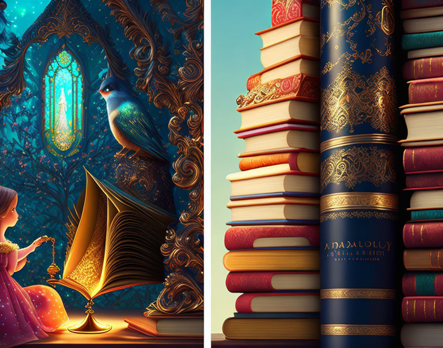 Whimsical girl reading magical book by window with blue bird and ornate book stack