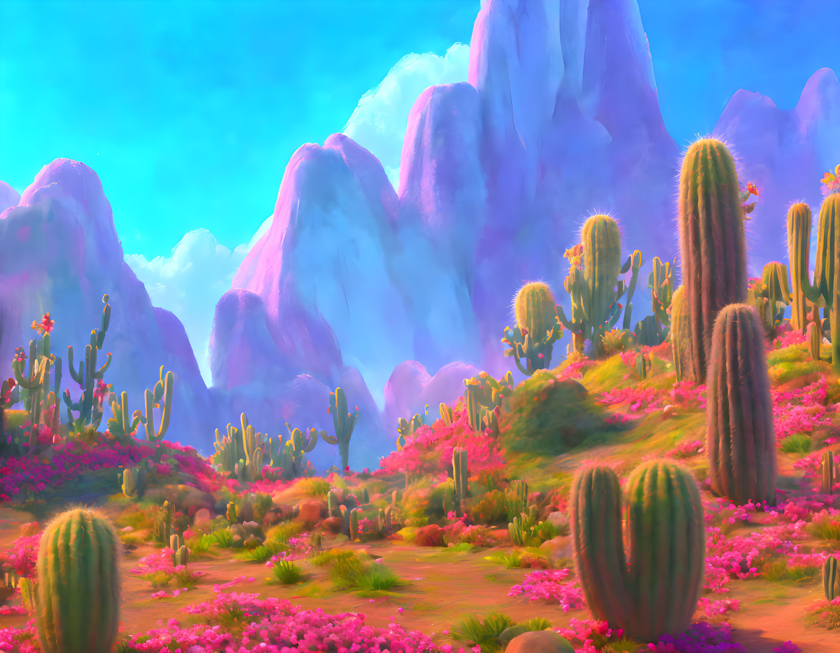 Colorful desert landscape with cacti, pink flowers, and misty mountains