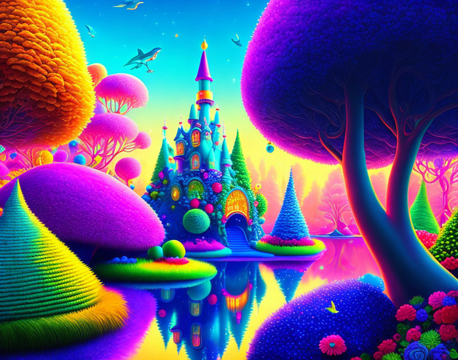 Colorful fantasy landscape with castle, flora, lake, and flying creature