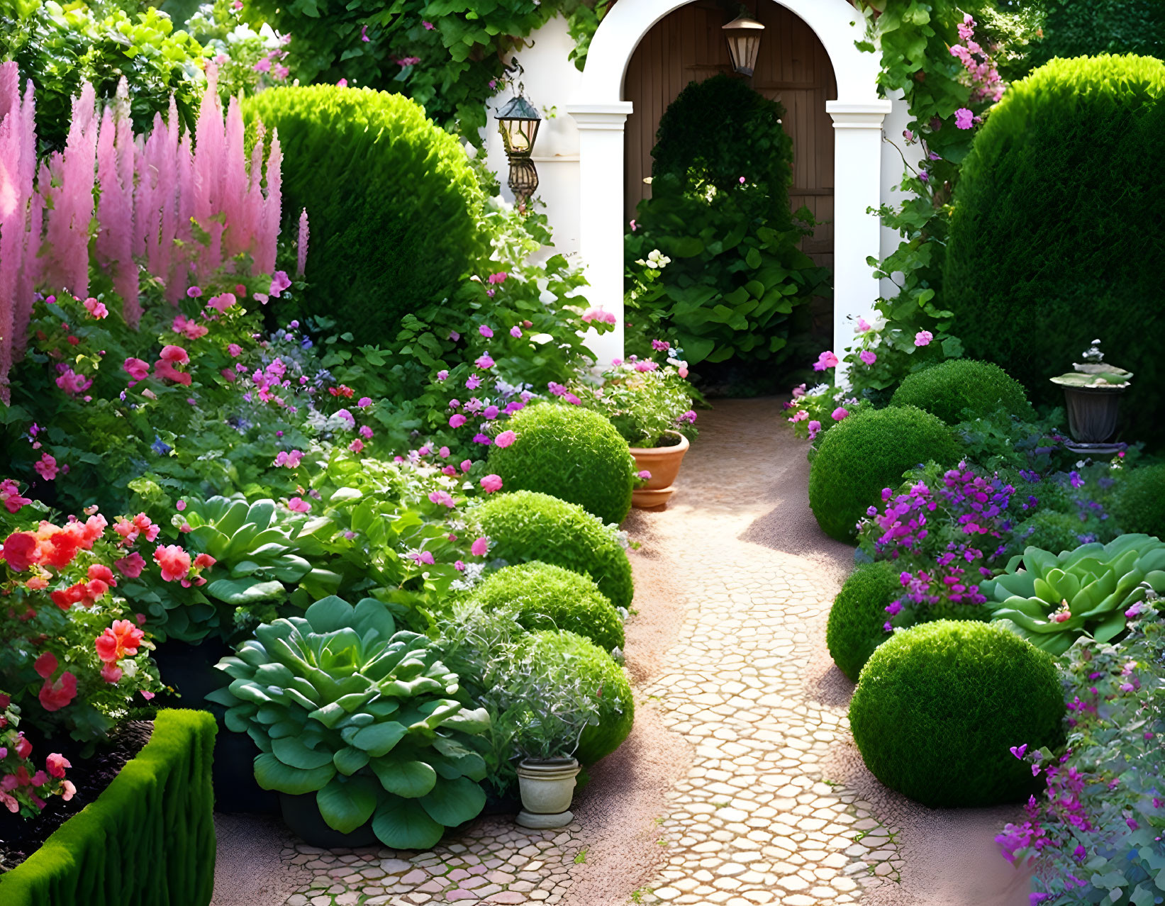 Vibrant Flower-Lined Garden Pathway to Arched White Doorway