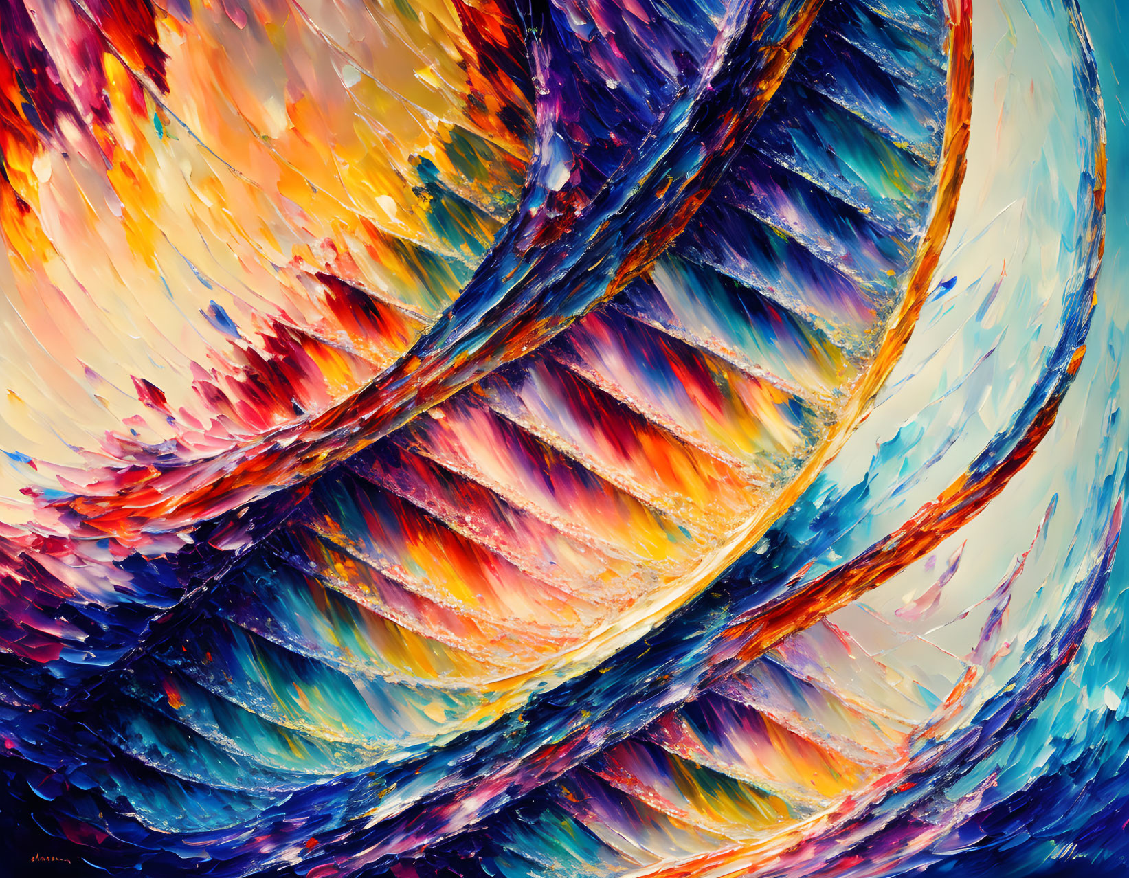 Colorful Abstract Painting with Swirling Patterns in Blues, Oranges, and Purples