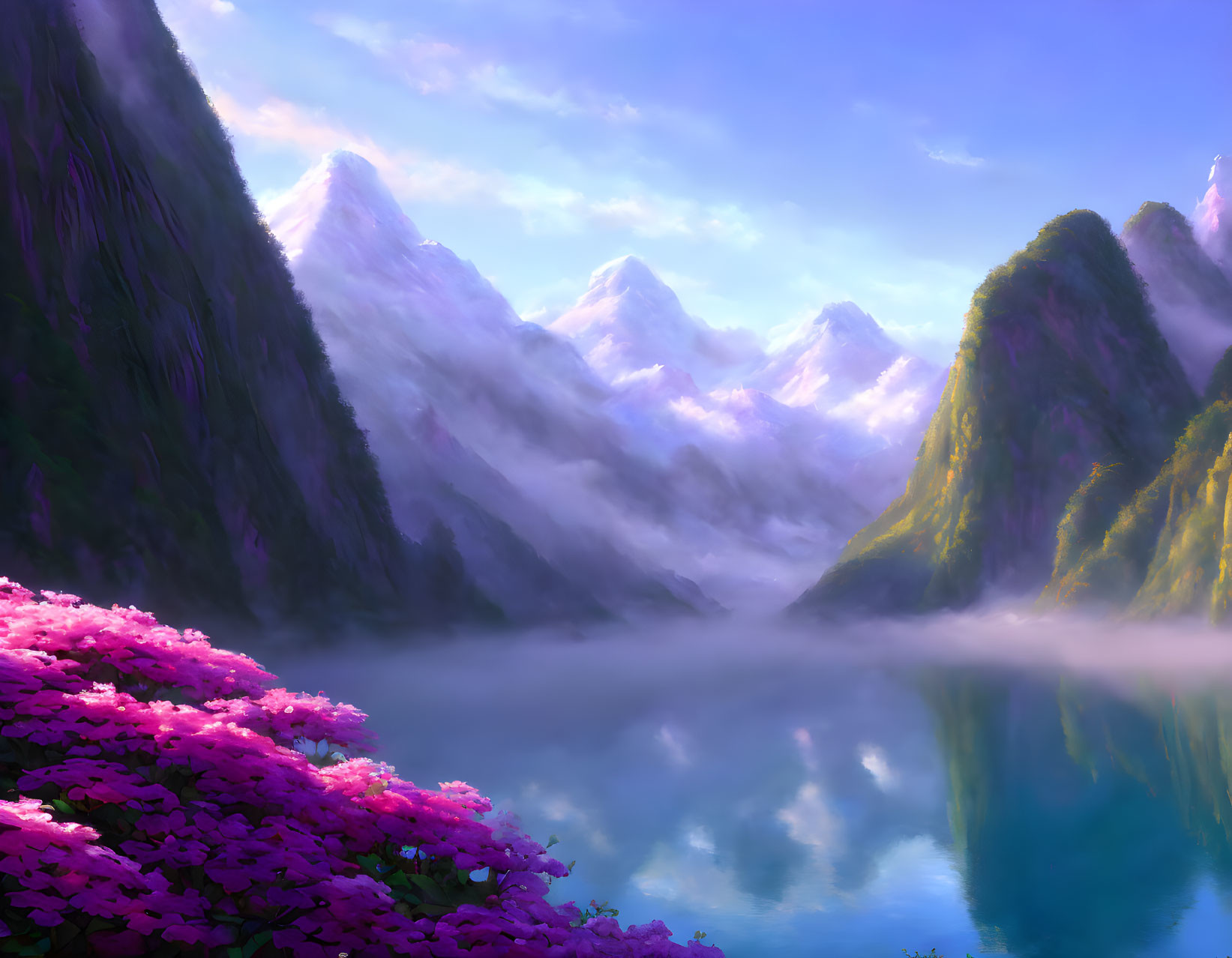 Misty mountain landscape with lake, pink flowers, and dawn light