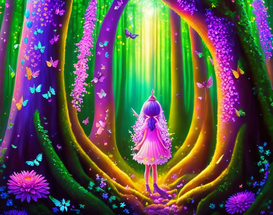 Vivid illustration: Girl in purple dress mesmerized by enchanted forest