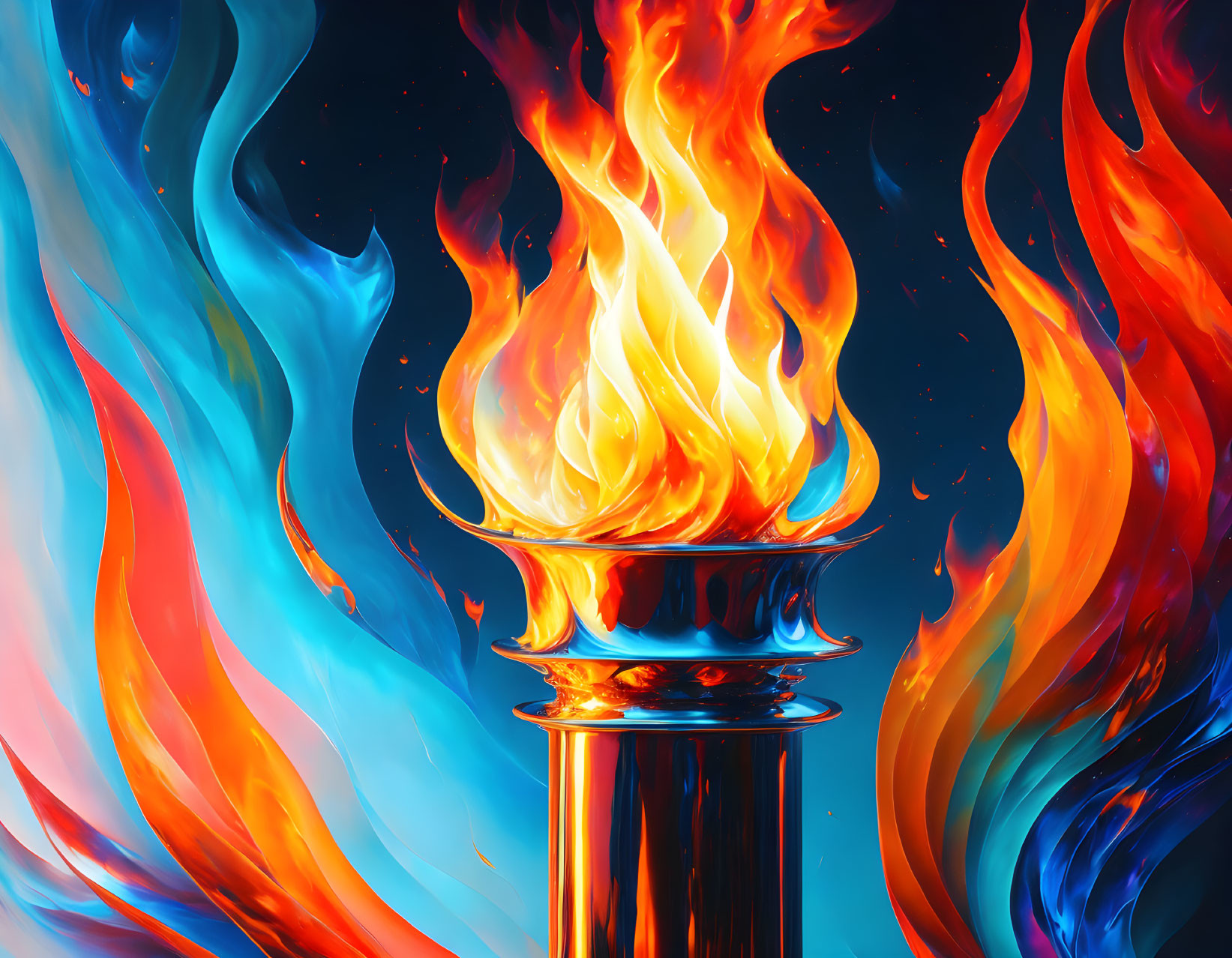 Colorful digital artwork: Flaming torch in swirling blue and red flames