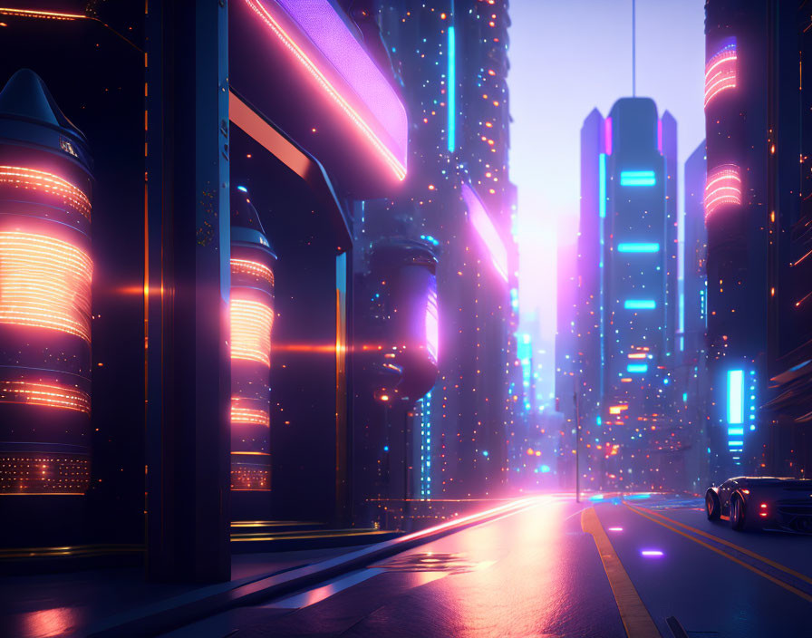 Futuristic neon-lit cityscape with glowing skyscrapers and sleek car at dusk