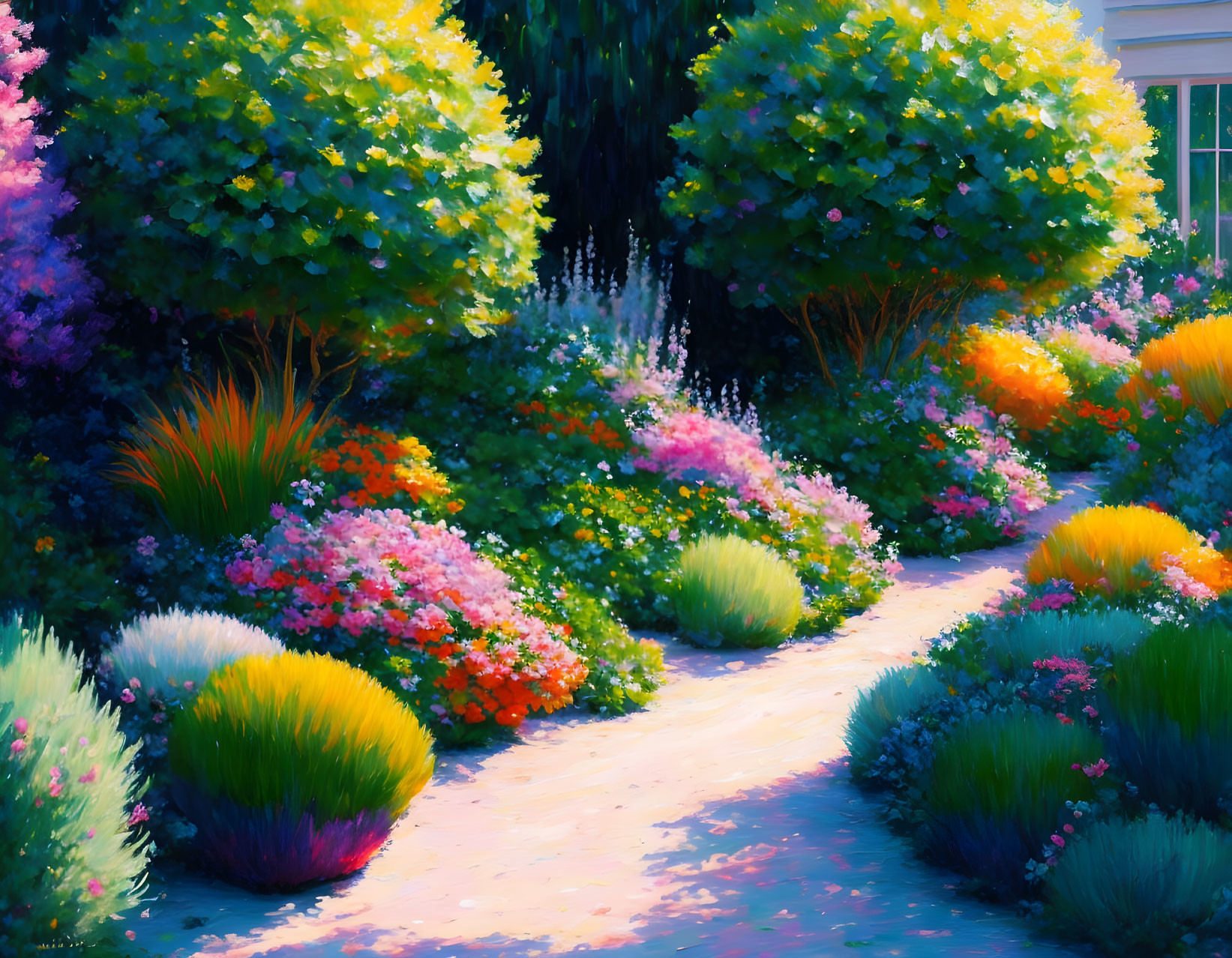 Lush garden with sunlit path and colorful flowers