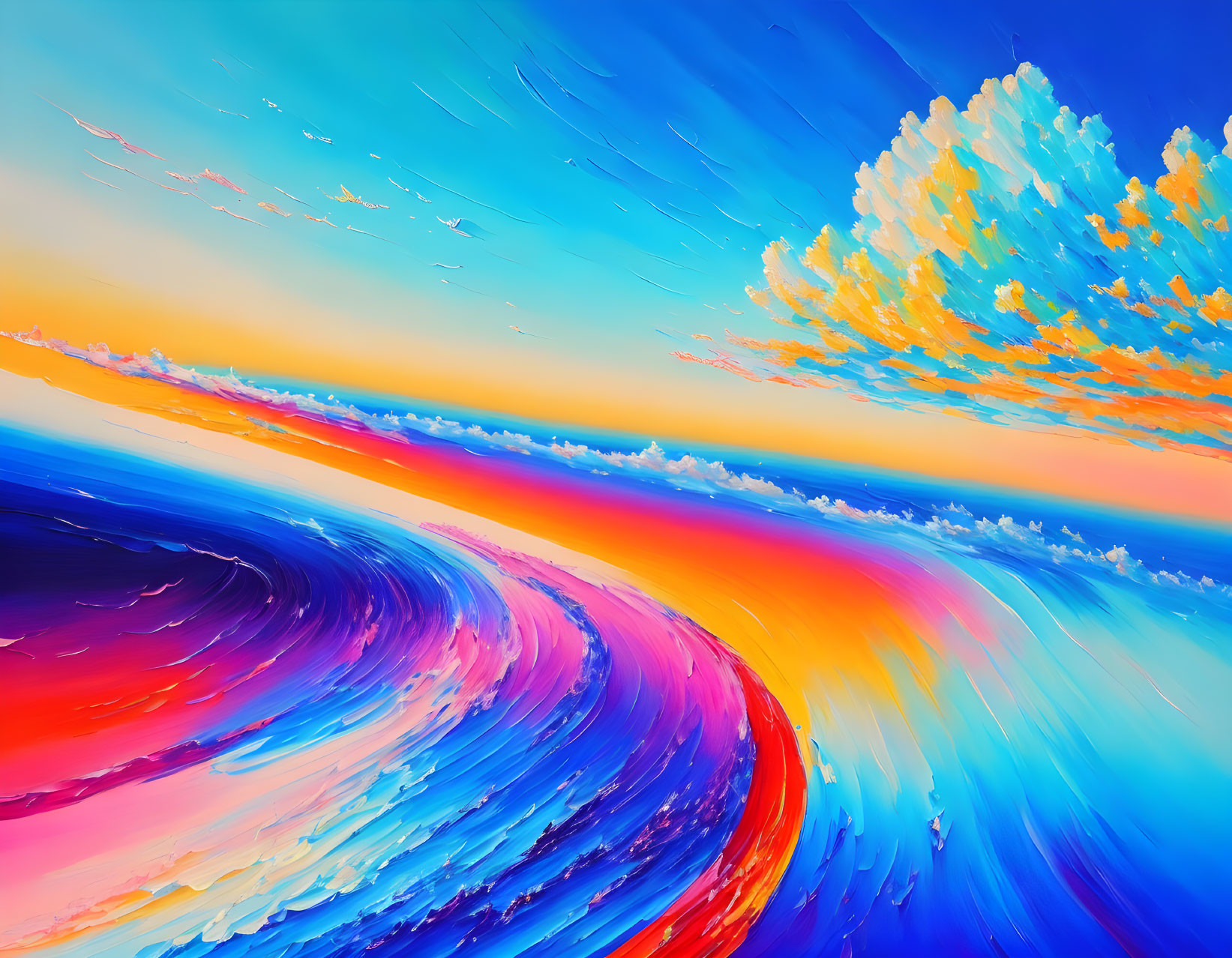 Colorful Abstract Painting: Swirling Patterns in Surreal Landscape